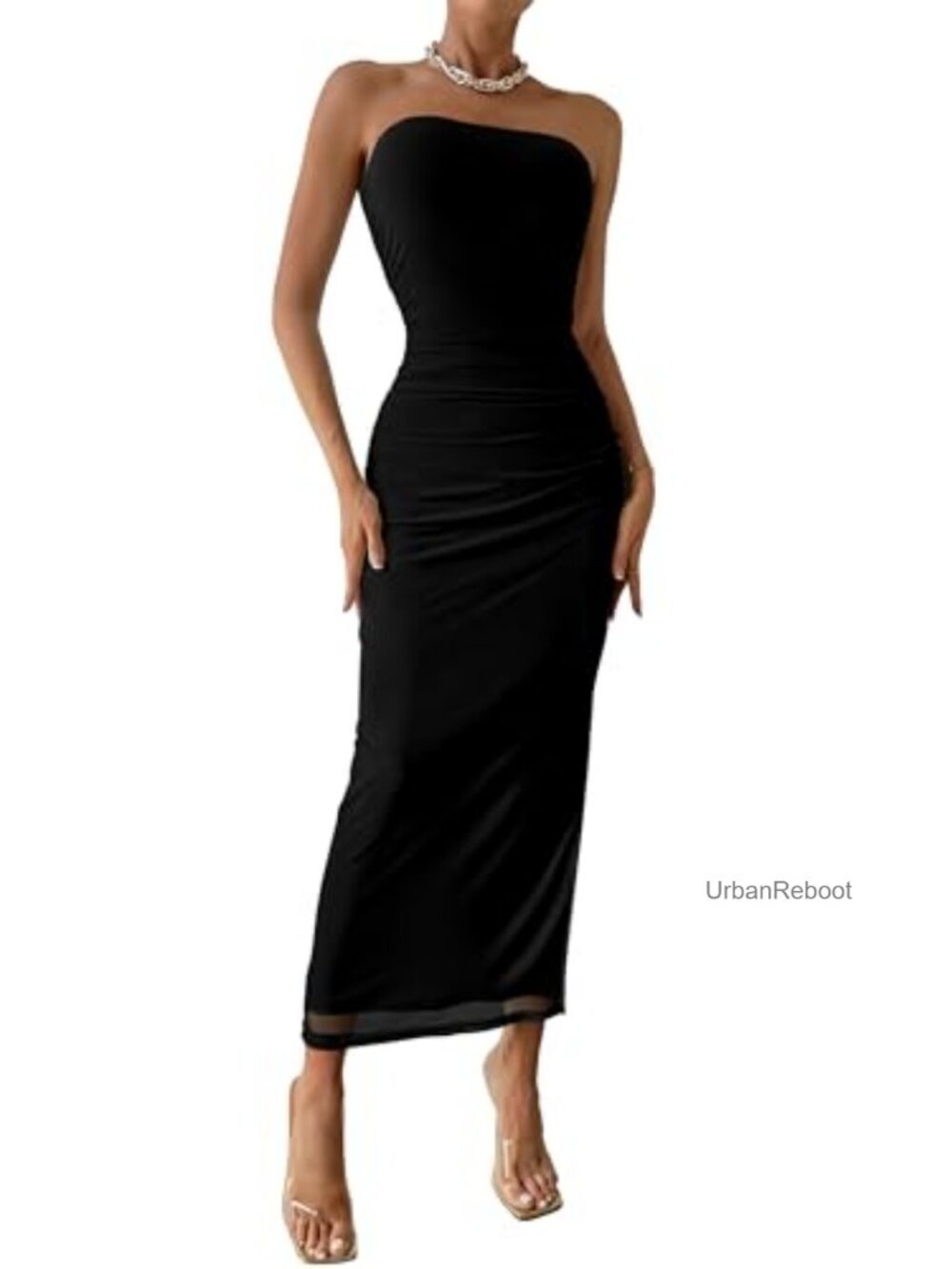 Strapless Bodycon Maxi Dress with Slit - Ruched Sleeveless Fitted Summer Dress